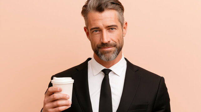 Handsome middle-aged man with salt-and-pepper hair and beard, dressed in elegant black suit, white shirt and tie, holding takeaway coffee cup. 