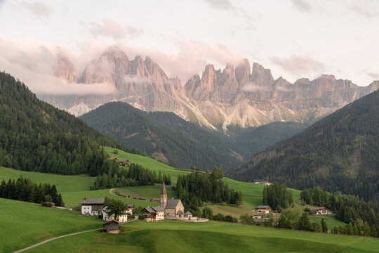 St. Magdalena church beneath the Odle peaks at dawn, Val di Funes