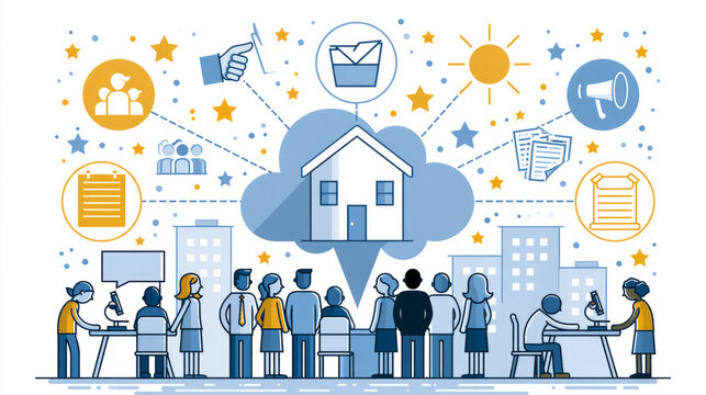 House floating on cloud at center, linked to people, meeting groups, documents, megaphone, and education icons. Symbolizes flexible work, hybrid learning, digital connectivity, and community building.