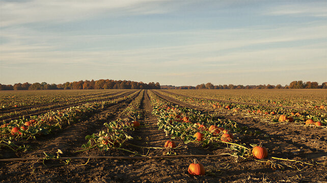 Rows of pumpkins stretch across a farm field at sunrise