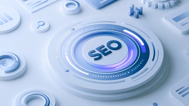Sleek glowing digital display with SEO text, circular progress rings, search icons, data panels, gears, web analytics, digital marketing and internet ranking theme.