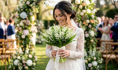 Fototapeta premium Smiling Bride Holding Lily of the Valley Bouquet at Outdoor Garden Wedding Ceremony for Bridal Planning Concept