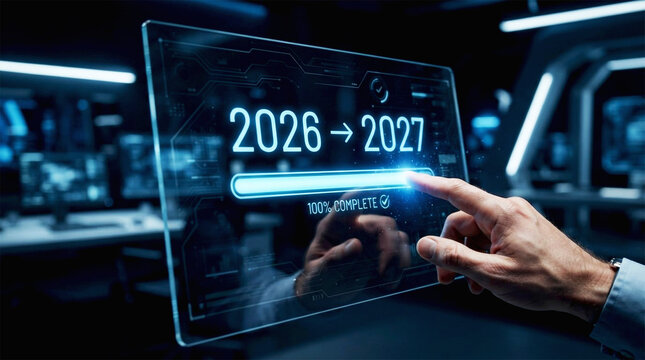 Futuristic 2026 to 2027 New Year Transition on Digital Glass Interface with Glowing Progress Bar and Human Hand