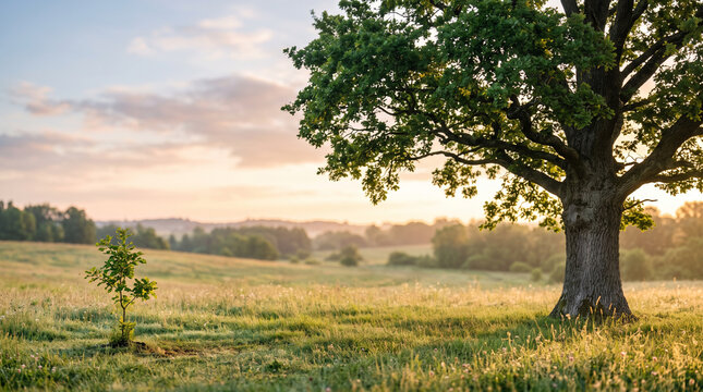 Large oak tree and small sapling in a meadow at sunrise with copy space