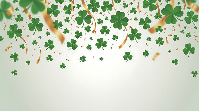 St patricks day festive background with green shamrock clover leaves and gold ribbon streamers