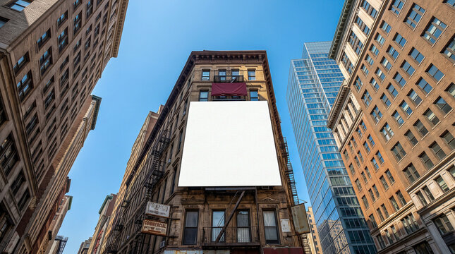 Fotograf&iacute;a arquitect&oacute;nica, centrada en un gigantesco lienzo publicitario en blanco sobre un edificio cl&aacute;sico de ladrillo envejecido, entre rascacielos de vidrio y oficinas hist&oacute;ricas.