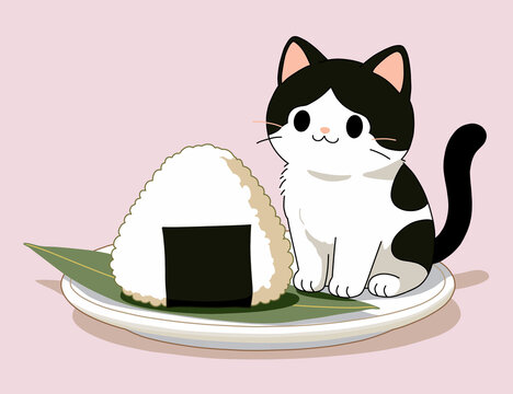 海苔のおむすびと白黒子猫が隣に並んでいるイラスト
