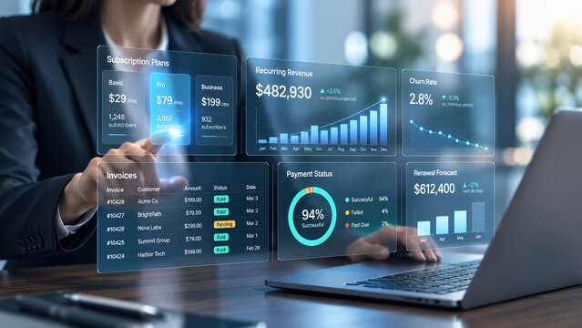 Business analytics dashboard with financial metrics professional woman analyzing subscription revenue churn rate and payment status on virtual interface digital transformation data visualization