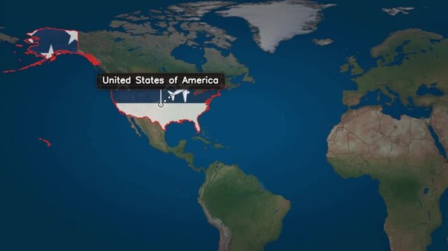 Airplane Flight Route from United States to Italy on World Map, Traveling from USA America to Italy with Airplane Animation