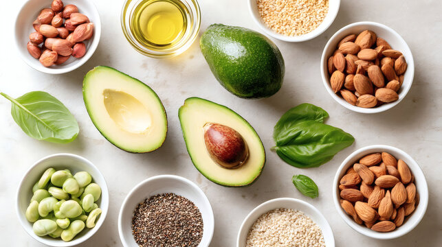 Assortment of healthy plant-based foods rich in unsaturated fats: avocado, almonds, peanuts, olive oil, chia seeds, basil, and beans on a white background.