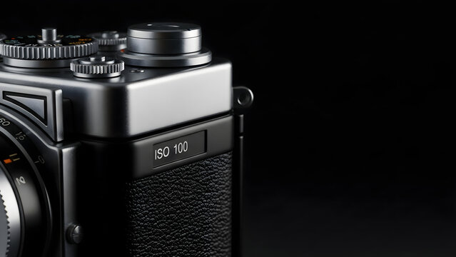 Close-up macro shot of a vintage camera with an ISO 100 setting, capturing the texture and detail of the classic photography equipment