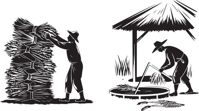 Farmers stacking rice bundles and threshing grain near a thatched hut black silhouette