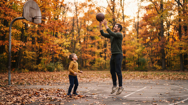 Father and son playing basketball on outdoor court in autumn park. Man jumps to throw ball while little boy watches among golden fall foliage.