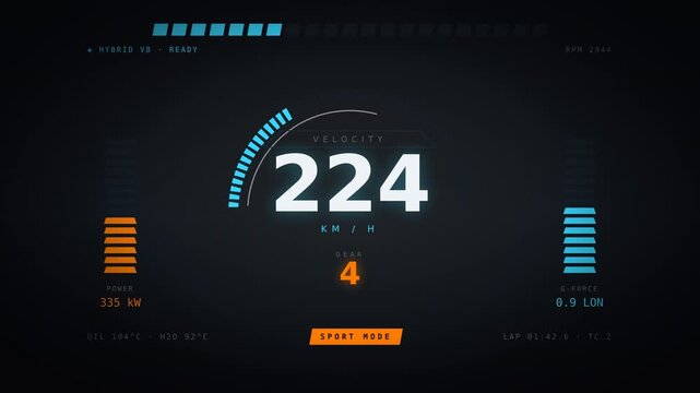 Futuristic Digital Car Dashboard Speedometer HUD Displaying 240 KM/H, Sport Mode, Power, and Gear Settings. High-Performance Automotive Technology and Telemetry Interface Concept.