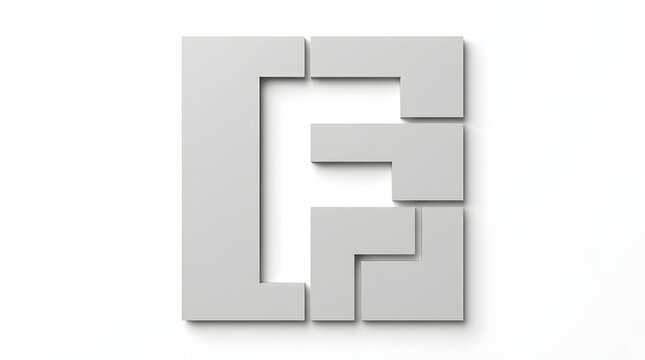 A creatively designed and contemporary depiction of the letter f skillfully assembled from precisely fitted interlocking geometric building blocks against a pristine white backdrop