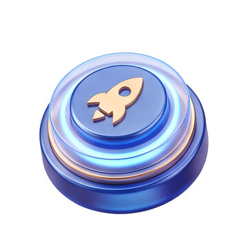 3D rocket launch button icon in blue and gold, startup boost, transparent PNG