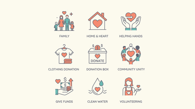 Charity and donation colorful line vector icons set featuring family, home, helping hands, clothing donation, and community unity on background   