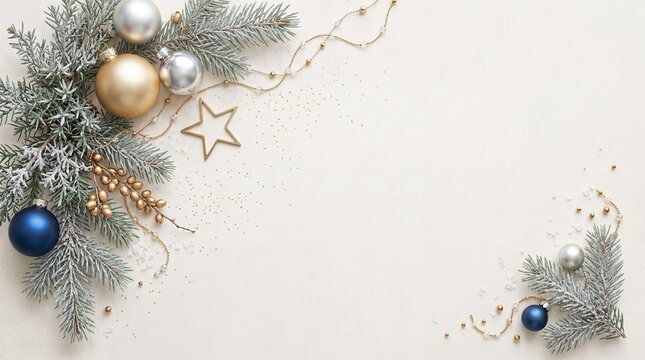 Elegant Christmas composition with baubles, pine branches, and golden stars in winter nature mood.