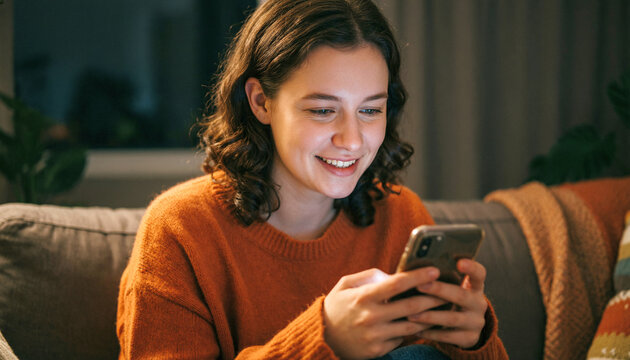 A curly-haired woman in a rust sweater smiles at her smartphone on a sofa under evening glow, wrapping cozy knitwear comfort around home messaging moments.