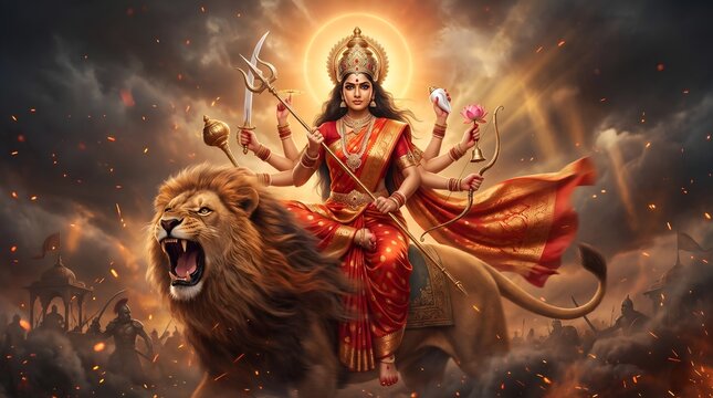Goddess durga defeating mahishasura during durga puja festival celebration