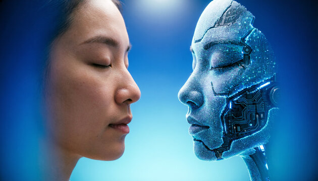 A human woman and her particle-built robot twin rest face to face with closed eyes on blue, a tender metaphor for trust and empathy between people and machines.