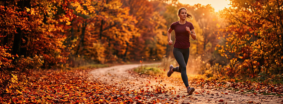 Woman running on forest path covered with autumn leaves. Outdoor sport and active lifestyle in fall season. Banner with copy space