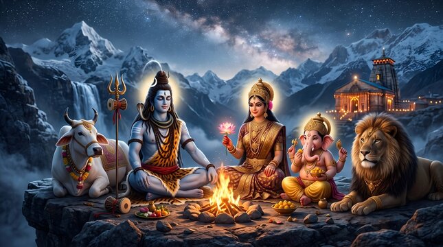 Divine temple shrine with mahadev ganesha and durga surrounded by lotus lamps for ganesh chaturthi maha shivratri and durga puja spiritual worship