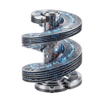 Futuristic mechanical spiral tower structure with glowing blue energy pathways and metallic details sci fi technology metal structure cyberpunk col