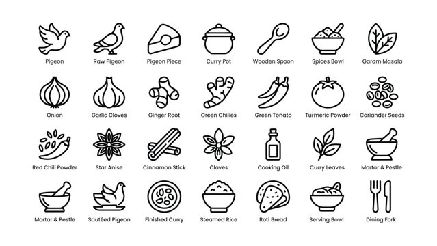 Collection of black line icons depicting ingredients tools and dishes used in making pigeon curry recipes