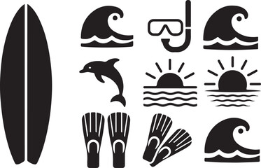 Fototapeta premium Snorkeling and surfing icons depict ocean recreation in black and white