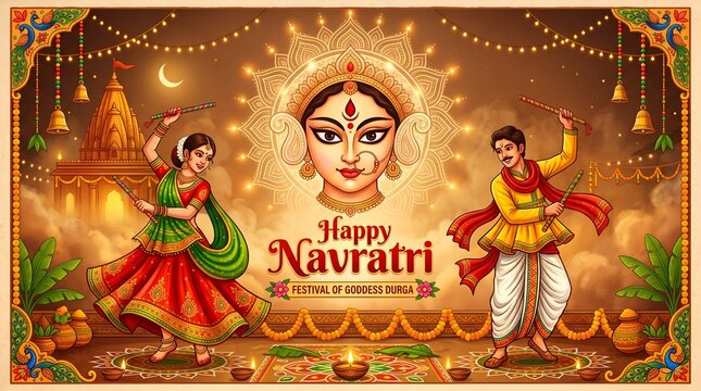 Happy navratri festive greeting card with couple performing traditional dandiya dance