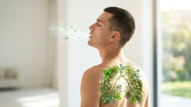 Respiratory wellness symbol: fresh breath, healthy lung, botanical vitality, pure oxygen, natural respiration, herbal inhale, green exhale, clean atmosphere.