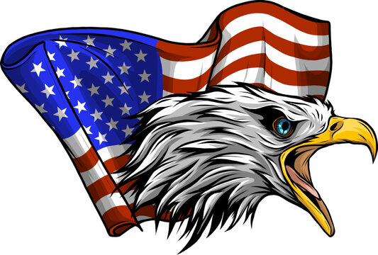 An eagle with a flag on its head
