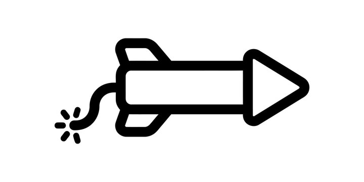Black outline rocket icon with burning fuse isolated on transparent background.
