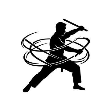 Athlete stick fighting silhouette showing strong focused emotion in action