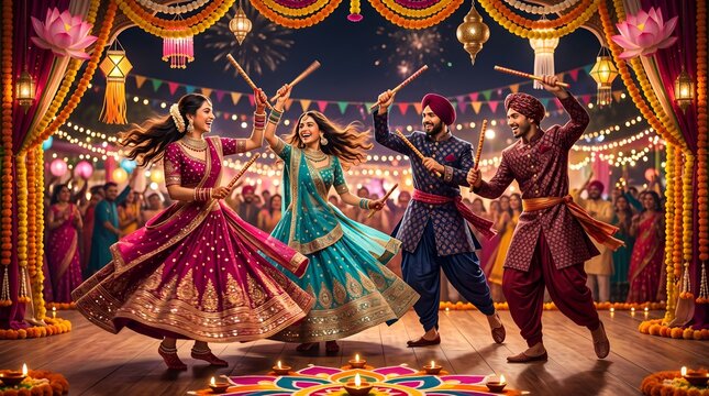 Happy navratri garba night celebration with dancers and floral arch