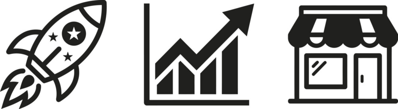 Set of business icons including a rocket, a growth chart, and a storefront