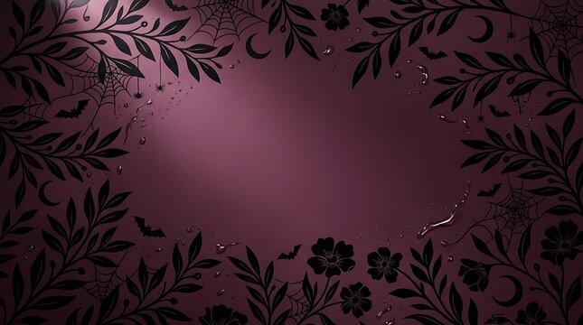 Dark floral halloween background with bats crescent moons and spiderwebs on burgundy