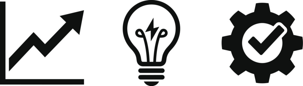 Set of three black icons representing growth, innovation, and process optimization
