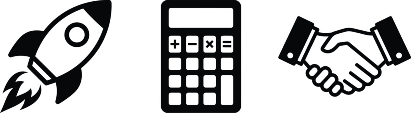 Rocket, calculator, and handshake icons representing growth, financial calculation, and business partnership