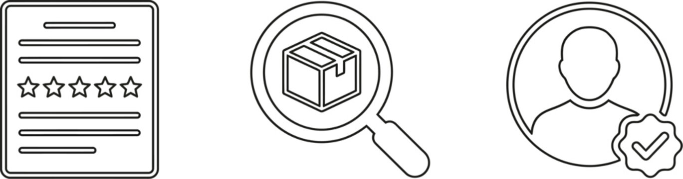Set of three linear icons representing customer feedback, package tracking, and verified user profile