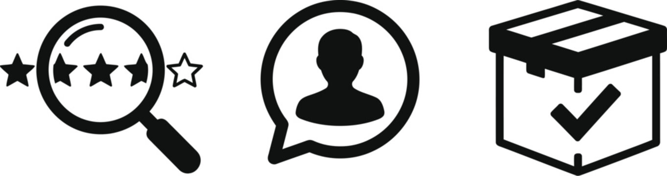 Set of three black icons representing customer review, user feedback, and successful package delivery
