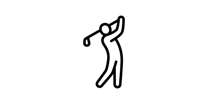 Black outline stick figure person playing golf swing flat icon on transparent.