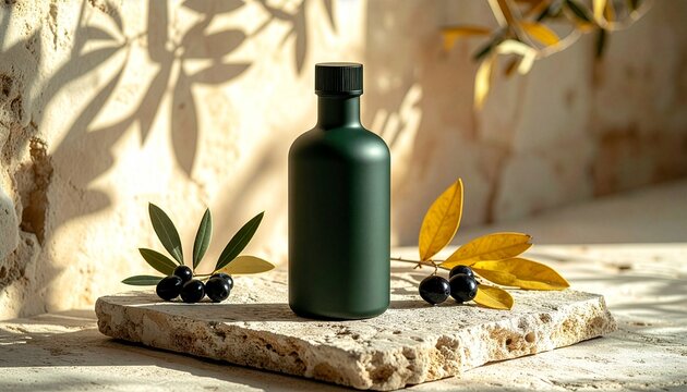 Blank dark green cosmetic bottle mockup on travertine stone podium with olive branch and shadow overlay