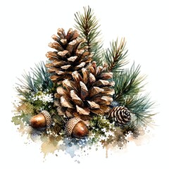 Obraz premium Pinecones And Acorns Watercolor Autumn Forest Illustration