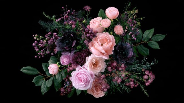 Wedding bouquet with flowers, flat design, top view, 3D render, Triadic color scheme, elegant and spooky arrangement.