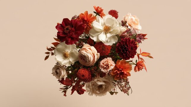 Wedding bouquet with flowers, flat design, top view, 3D render, Triadic color scheme, elegant and spooky arrangement.