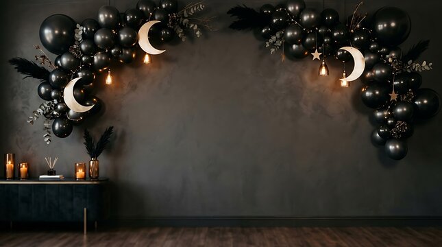 Elegant halloween balloon garland with crescent moons and warm lighting dark moody background