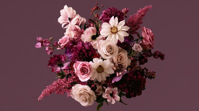 Wedding bouquet with flowers, flat design, top view, 3D render, Triadic color scheme, elegant and spooky arrangement.