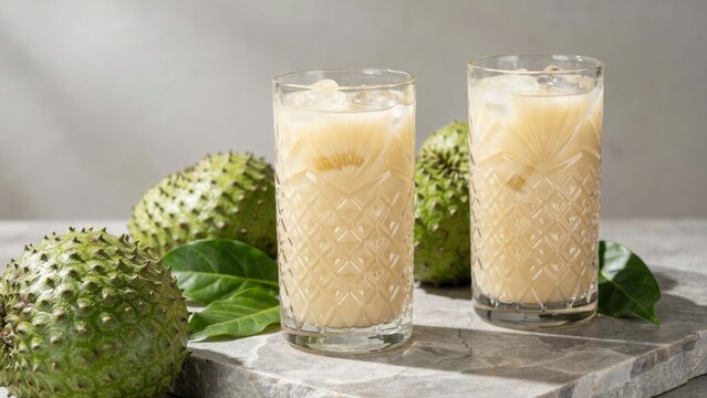 Refreshing soursop fruit juice served in tall textured glasses with ice cubes placed on a grey stone marble surface